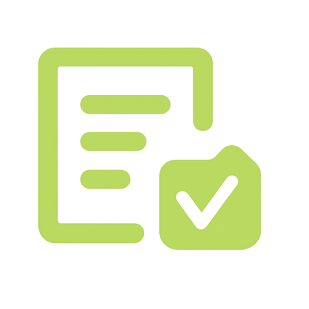 Green icon of a form or document with lines representing text and a checkmark symbol, indicating completion or approval.