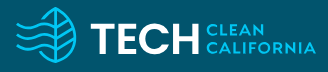 Logo for TECH Clean California with blue water waves and text.