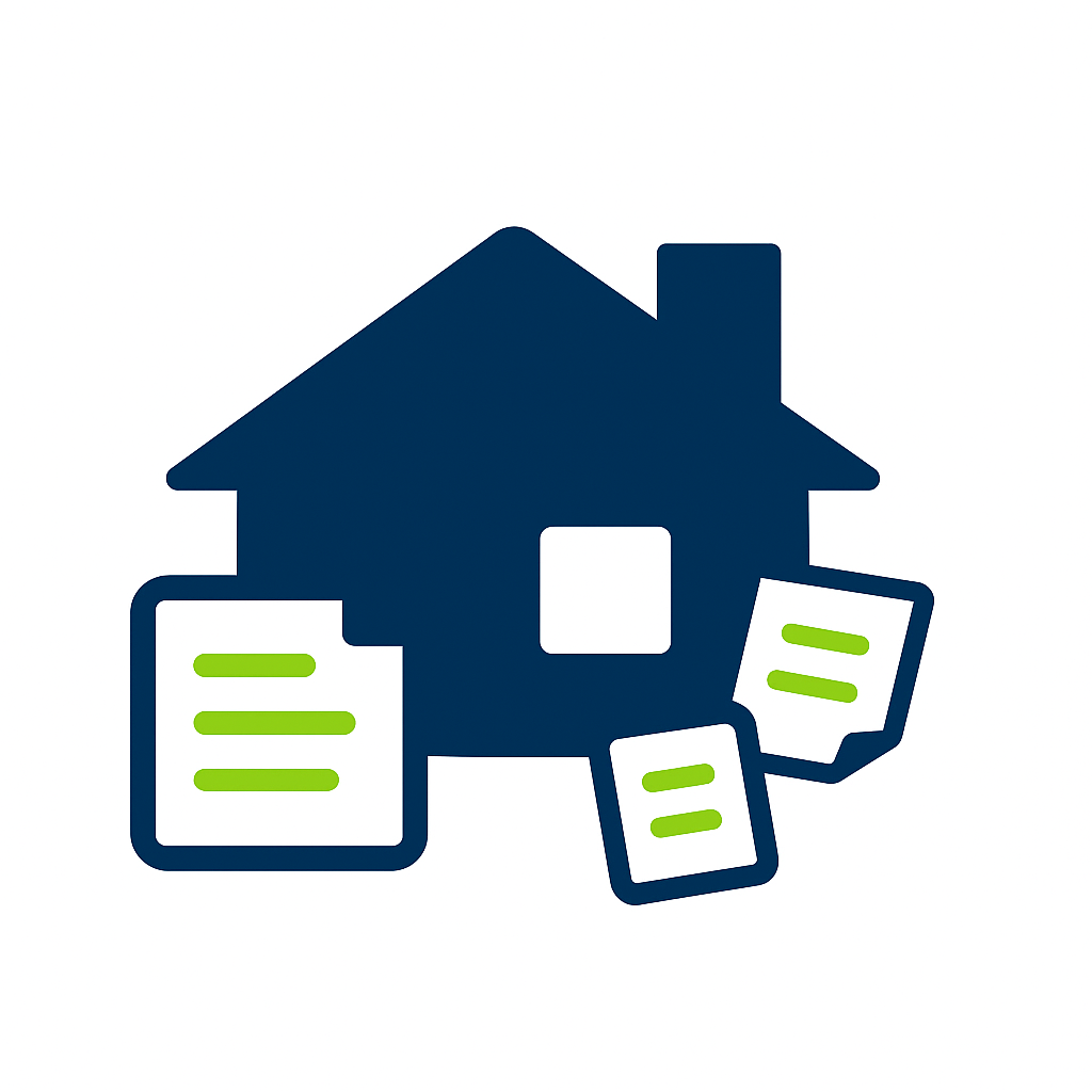 Icon of a house with documents around it, representing real estate or property management.