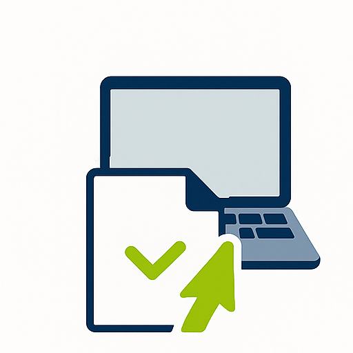 Icon of a computer screen and a file folder with a checkmark, indicating file transfer or confirmation.