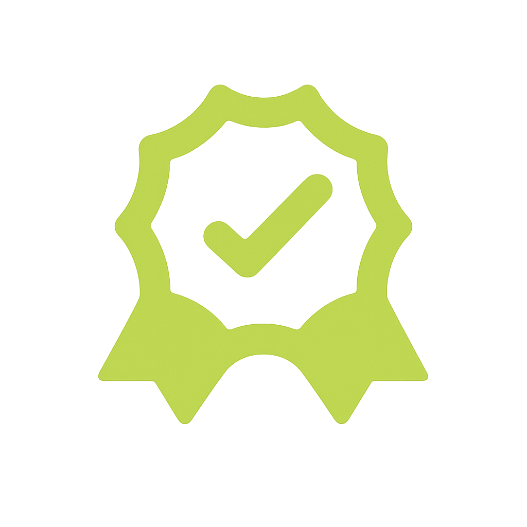 Green checkmark badge with a ribbon at the bottom.