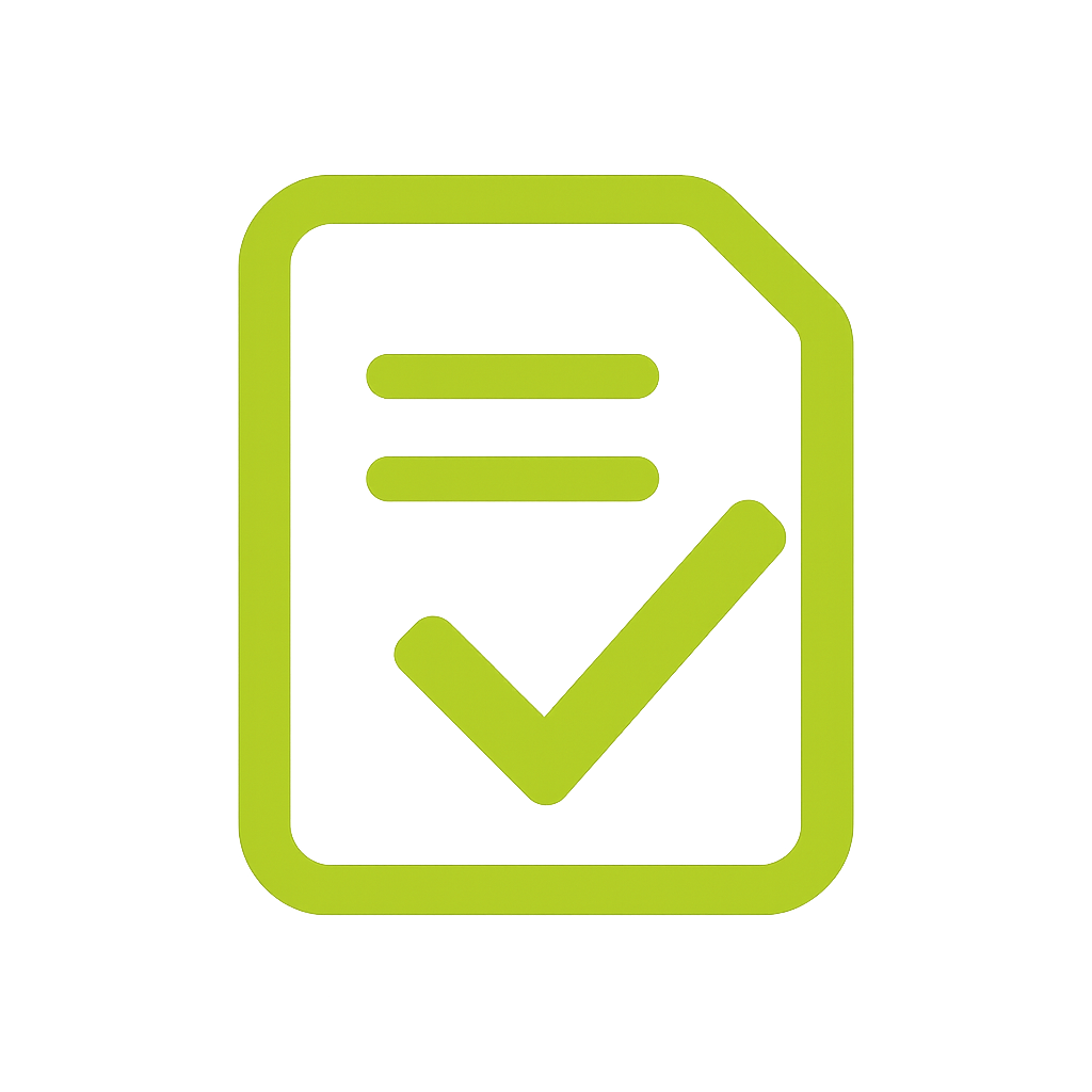 Green icon of a document with a check mark.
