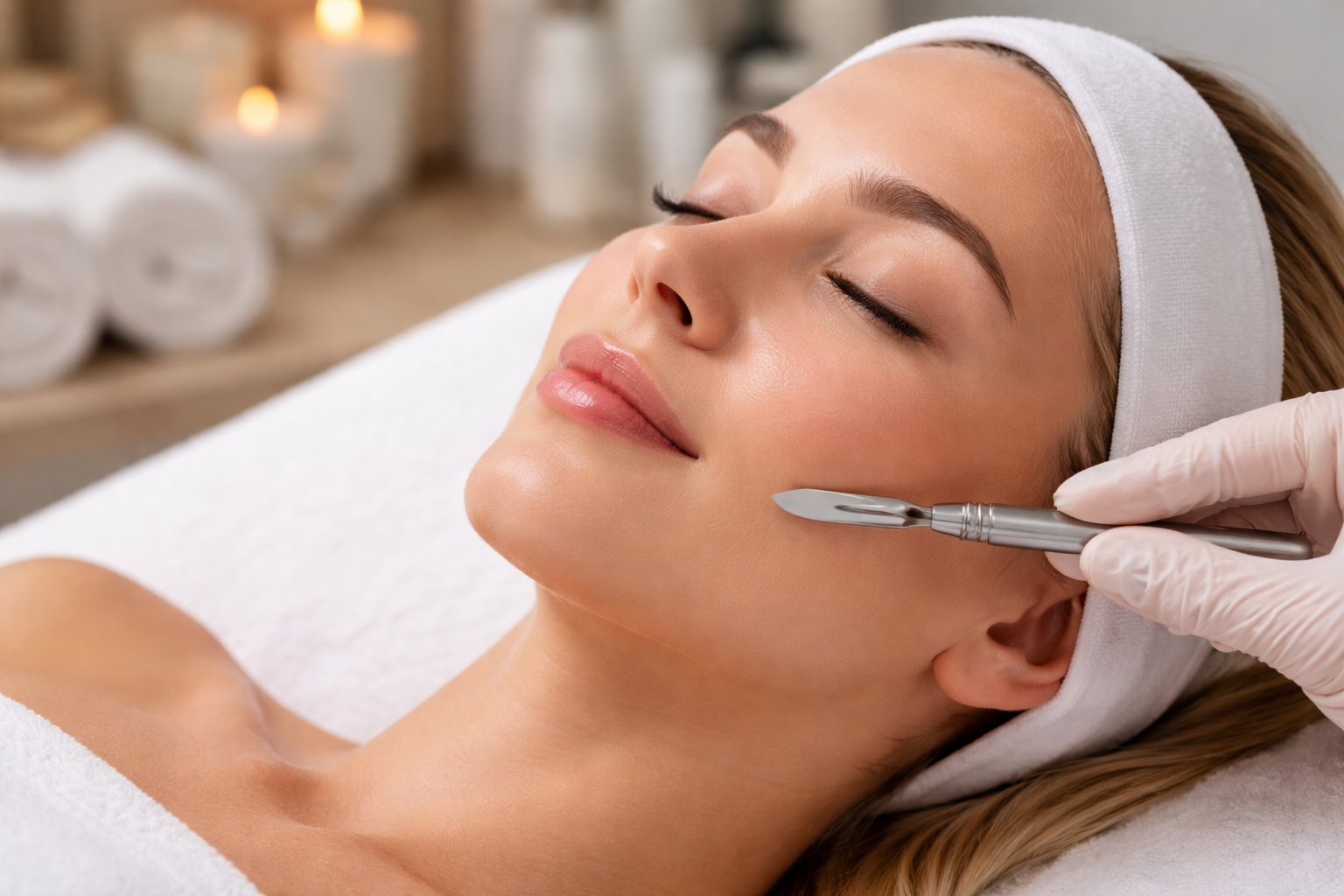 Woman receiving a dermaplaning facial