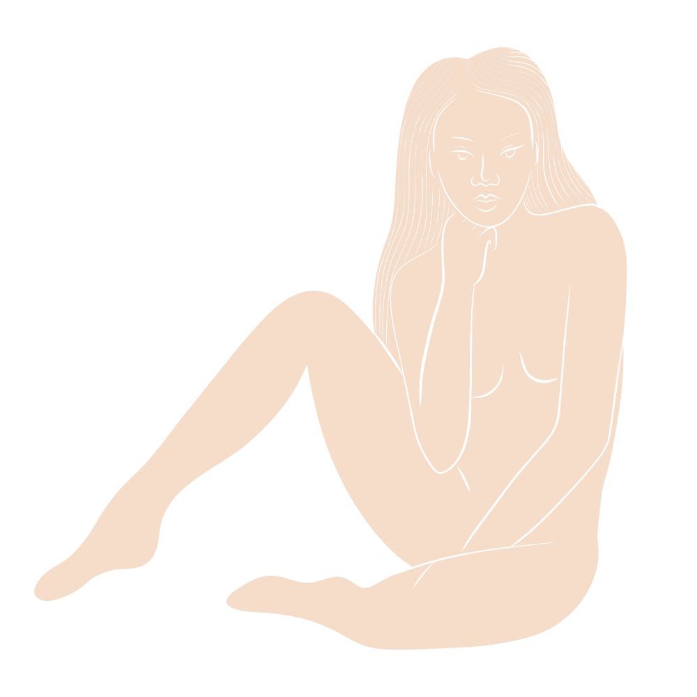 Outline drawing of a seated nude woman with long hair, facing slightly right, with one leg crossed over the other, and her hand resting on her knee.