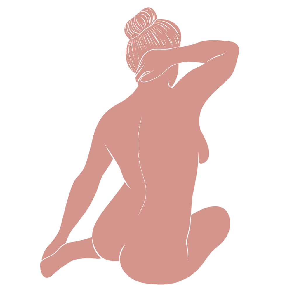 Stiliseeritud illustratsioon alasti naisest, kelle juuksed on krunnis ja kes istub põlvili, üks käsi pea taga.