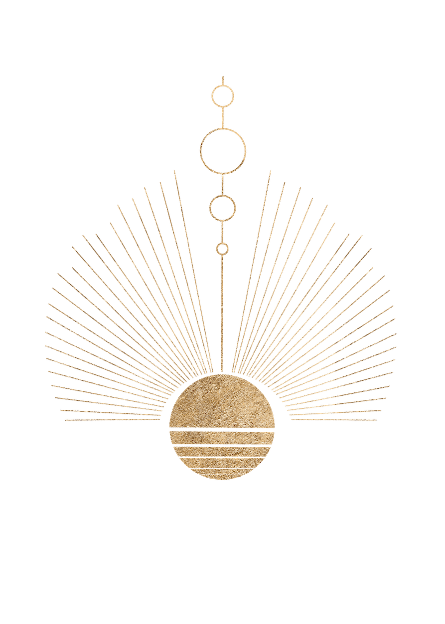 Geomeetriline illustratsioon, mille allosas on tekstuurne kuldne poolring ning mustal taustal moodustavad abstraktse kujunduse kiirgavad jooned ja kontsentrilised ringid.