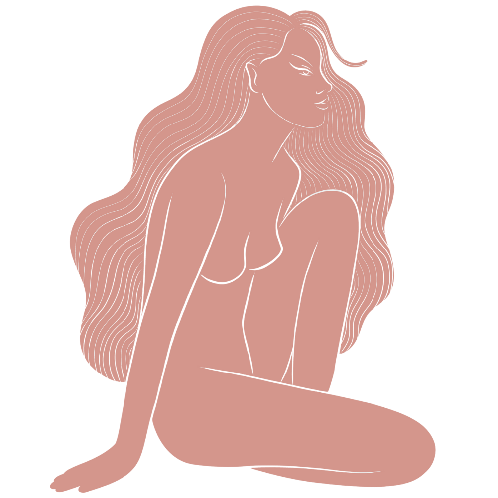 Minimalist line drawing of a woman with long flowing hair, sitting with eyes closed and a content expression, on a black background.