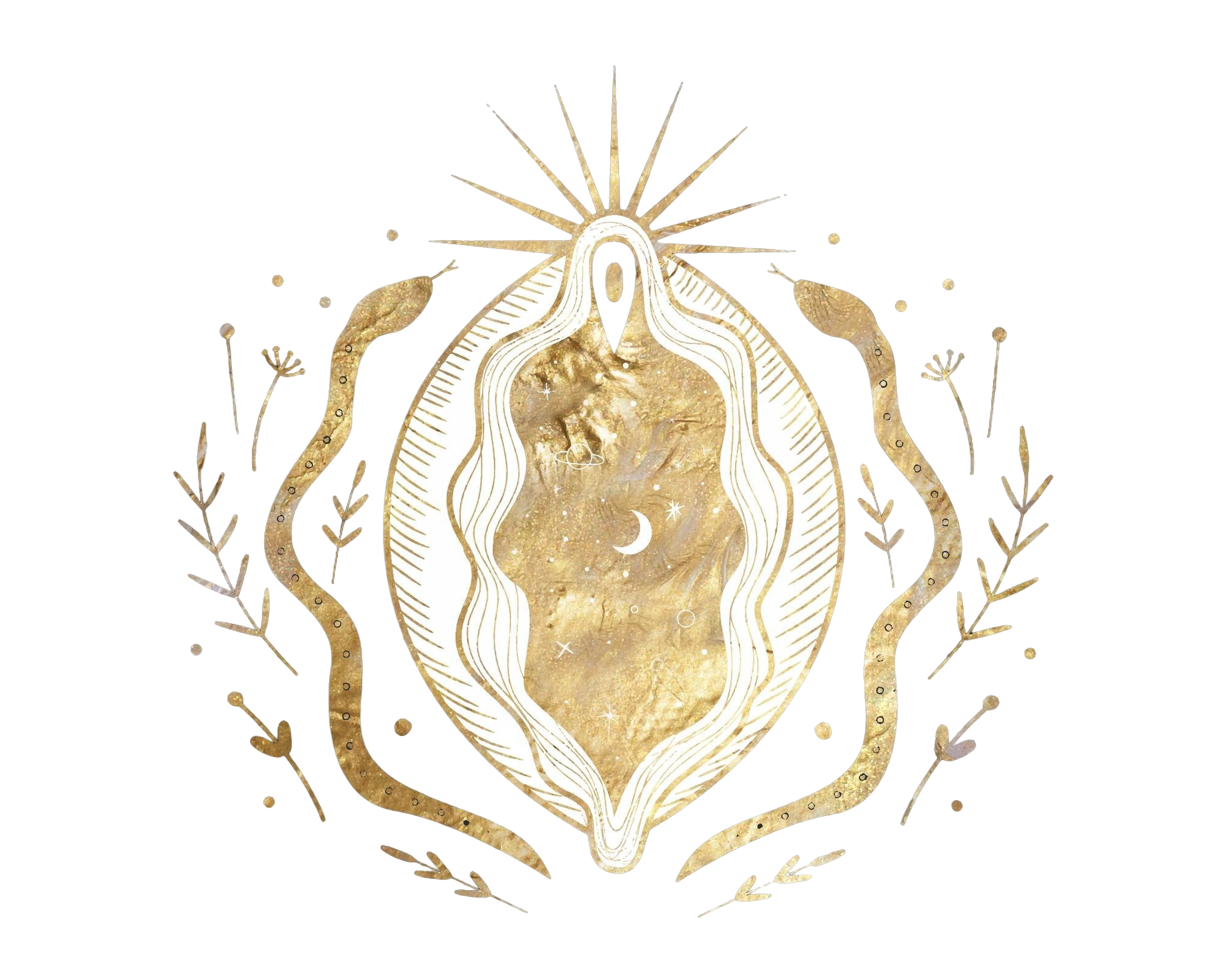 Taevalik, müstiline kujundus, millel on kujutatud keskset kosmilist kuju taevaste mustritega, mida ümbritsevad lainelised jooned, tähed, kuu ja botaanilised elemendid kuldsetes ja valgetes toonides mustal taustal.