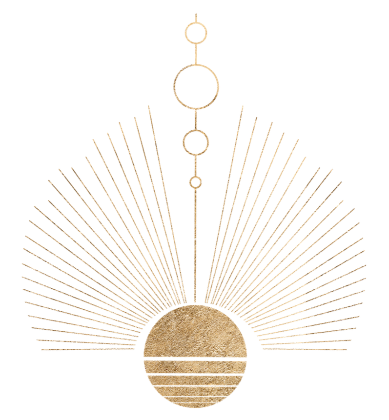 Kuldne geomeetriline kujund, millel on poolring kiirgavate joontega ja vertikaalne joon ühendatud ringidega selle kohal, meenutades stiliseeritud taeva- või spirituaalset sümbolit.