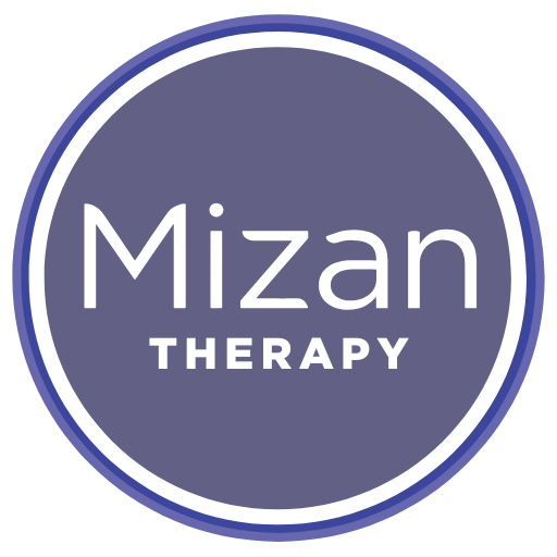 Mizan Therapy logo lilla ümmarguse tausta ja valge tekstiga.