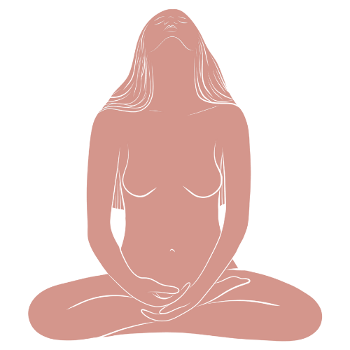 Joonistus alasti naisest, kes istub rätsepaistes meditatiivses poosis.