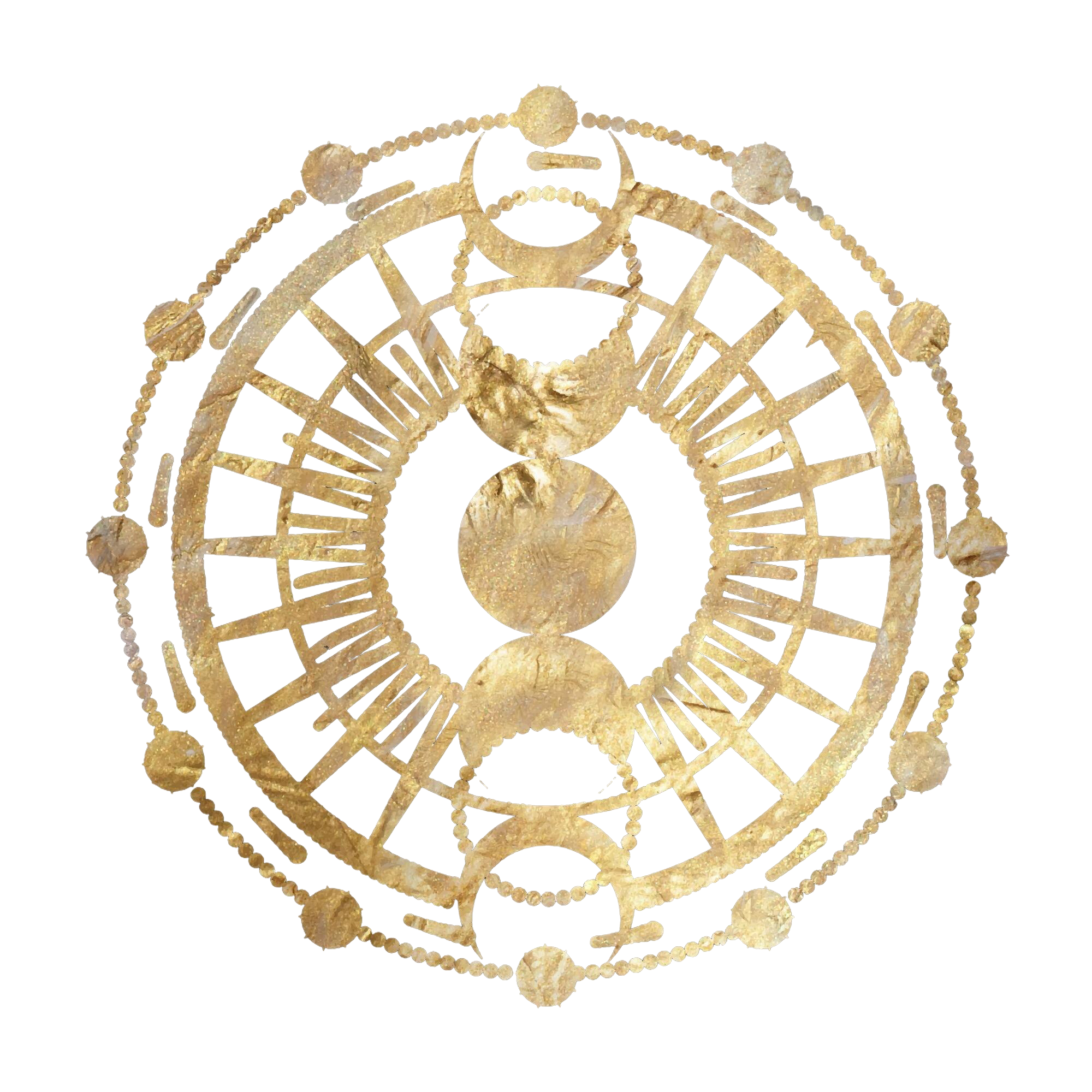 Mustal taustal vintage-kella sihverplaati meenutav kuldne dekoratiivne ese, millel on rooma numbrid, keerukad detailid ja keskne motiiv.