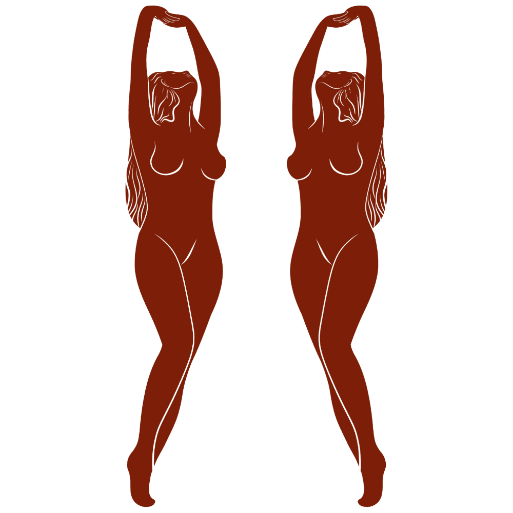 Kaks peegelpildis naisfiguuri pikkade juustega, käed pea kohal üles tõstetud, kujutatud minimalistlikus stiilis punaste kontuuridega.