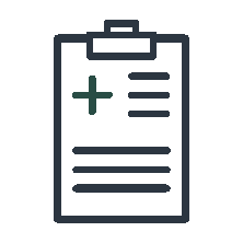 A clipboard with a medical cross, some lines of text, and a checkmark.