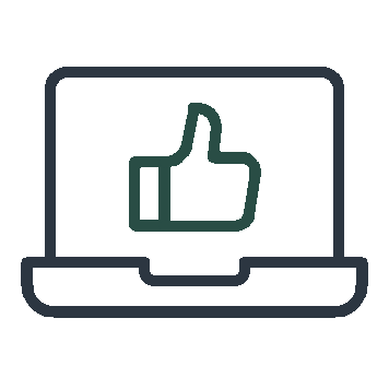 Outline drawing of a laptop with a thumbs-up icon on the screen.