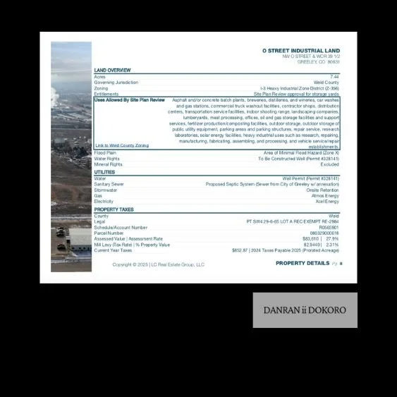 Plan de la zone industrielle O Street dans le comté de Weld, comprenant une vue aérienne d'une zone industrielle, des détails sur la propriété, les taxes, et les infrastructures associées.
