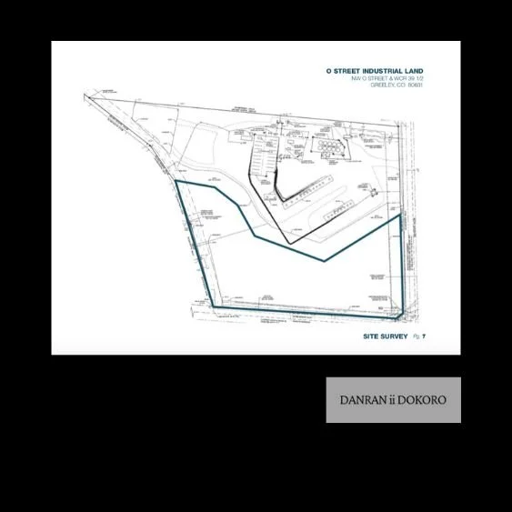 Plan topographique d'un terrain vacant avec des annotations, titre "O Street Industrial Land", et un nom "Danranii Dokoro" en bas à droite.