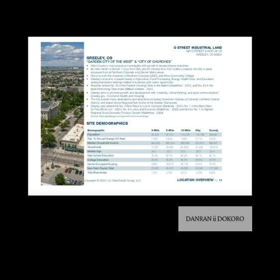 Page de rapport de démographie avec une vue aérienne de Greeley, Colorado, et un tableau de données démographiques.