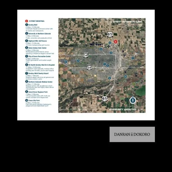 Carte illustrant diverses localisations et infrastructures dans une région, avec des routes et des points d'intérêt marqués, légendés à gauche, et un logo des commodités communautaires en bas à droite.