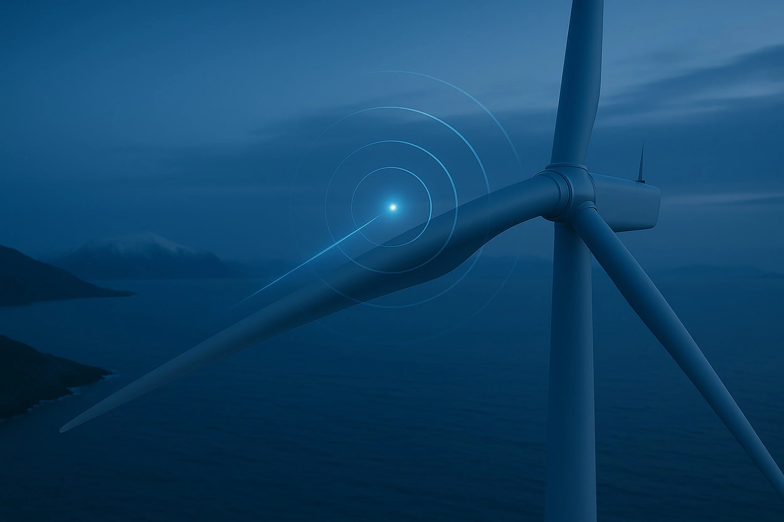 A digital rendering of a wind turbine with overlaid targeting indicators, set in a landscape near water with mountains in the background.