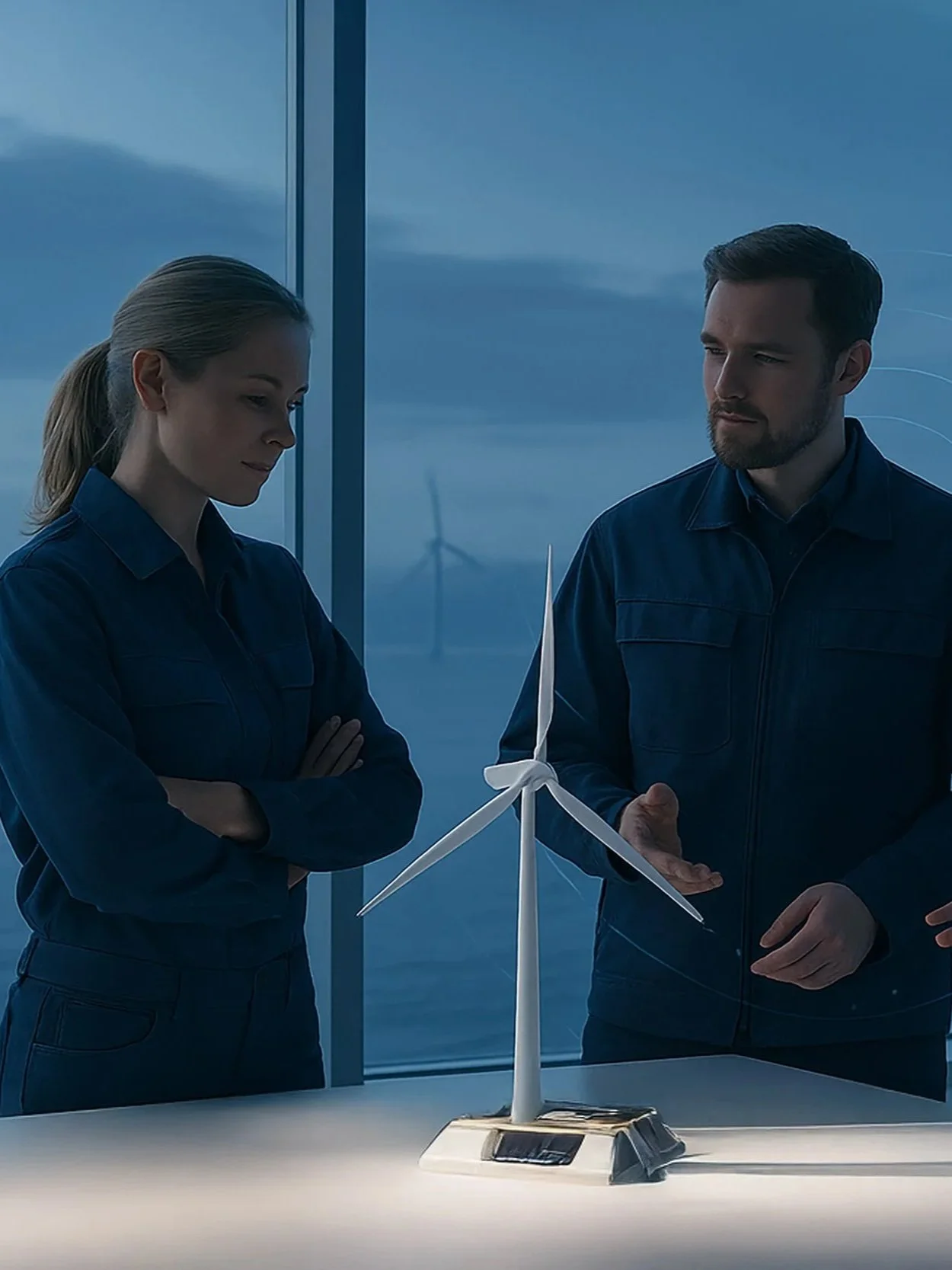 Two engineers discussing a small model of a wind turbine on a table in a modern office with wind turbines visible through large windows.