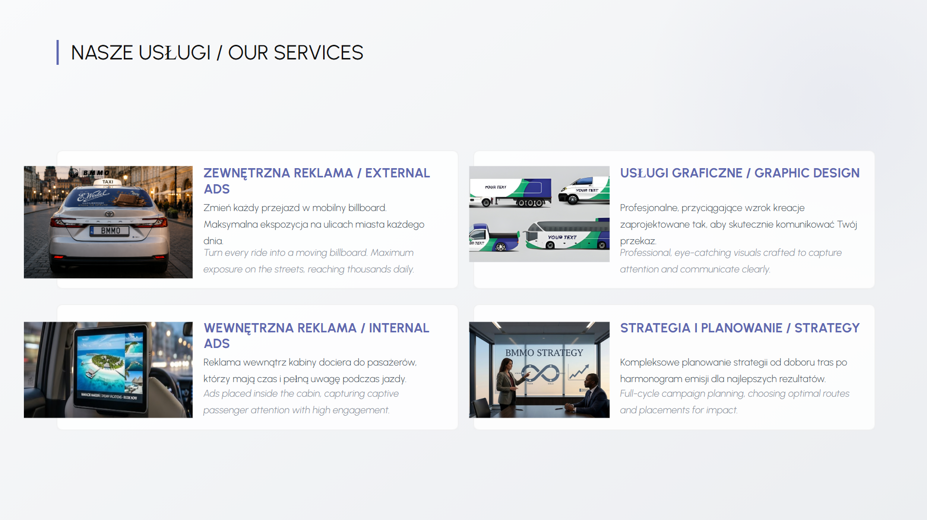 Screenshot of a webpage section titled 'Our Services' showing four service options with images and descriptions in Polish and English, including external advertising on a car, graphic design, internal advertising on a tablet, and strategic planning.