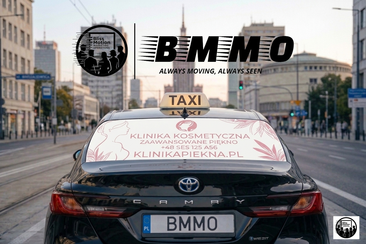 Black Toyota Camry taxi with advertisement for a cosmetic clinic on the back window and a taxi sign on top, on a city street with tall buildings and blurred pedestrians in the background.