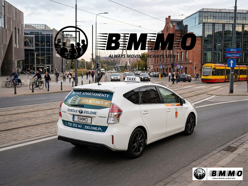 City street scene with cars and bicycles, a white taxi in the foreground, modern buildings, and people walking. Overlaid text and logos, including 'BMemo', depicting urban transportation and real estate advertisements.