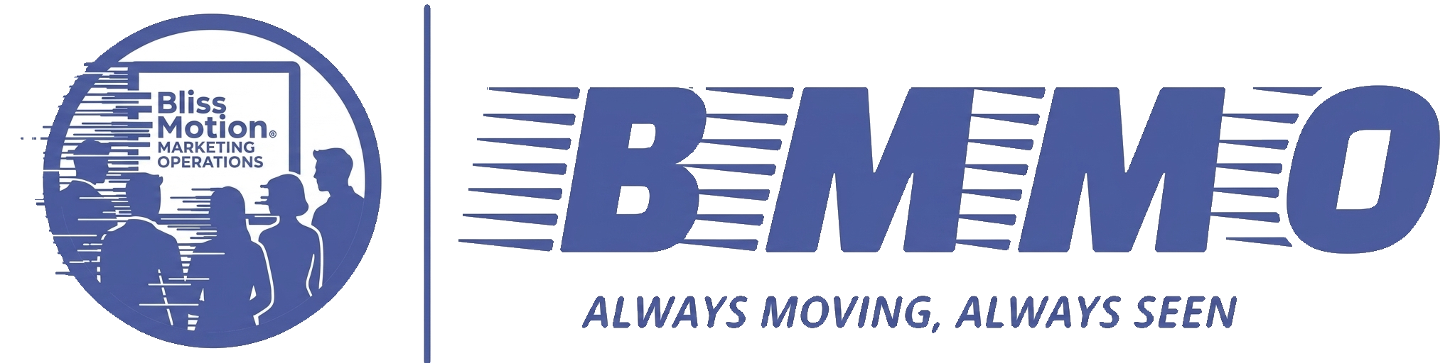 Bliss Motion Marketing Operations logo with a silhouette of a group of four people inside a circle, standing in front of a large sign that says 'RE/MAX' with the slogan 'Always Moving Always Open' beneath it.