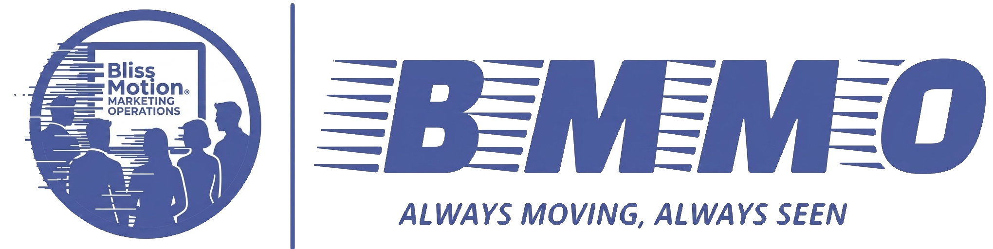 Logos of Bementu and Bliss Motion Marketing Operations with silhouettes of people and the slogan "Always Moving, Always Seen".