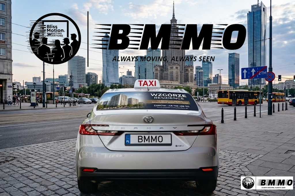 A city street scene with a silver Toyota Camry taxi with a sign reading "WZGÓRZE RESIDENCE" on the back window, and tall skyscrapers in the background. Overlayed text includes logos and slogans for BEMMO with the tagline "Always Moving, Always Seen."