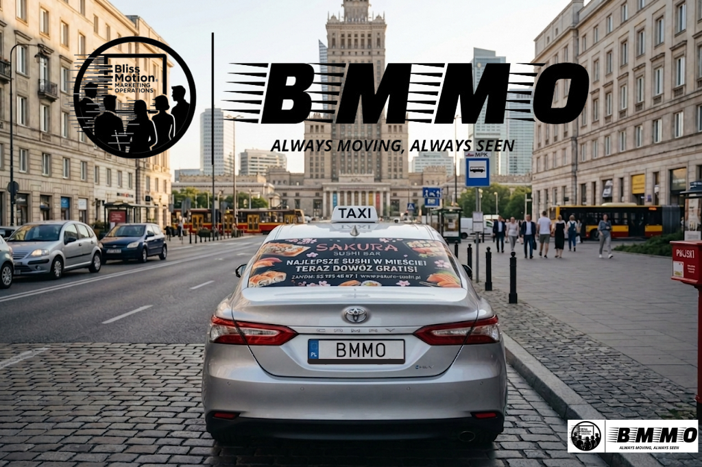 A silver Toyota Camry taxi on a city street with a BMMO advertisement on the rear window. The background features buildings, pedestrians, and public transportation, with a large cityscape in the distance.