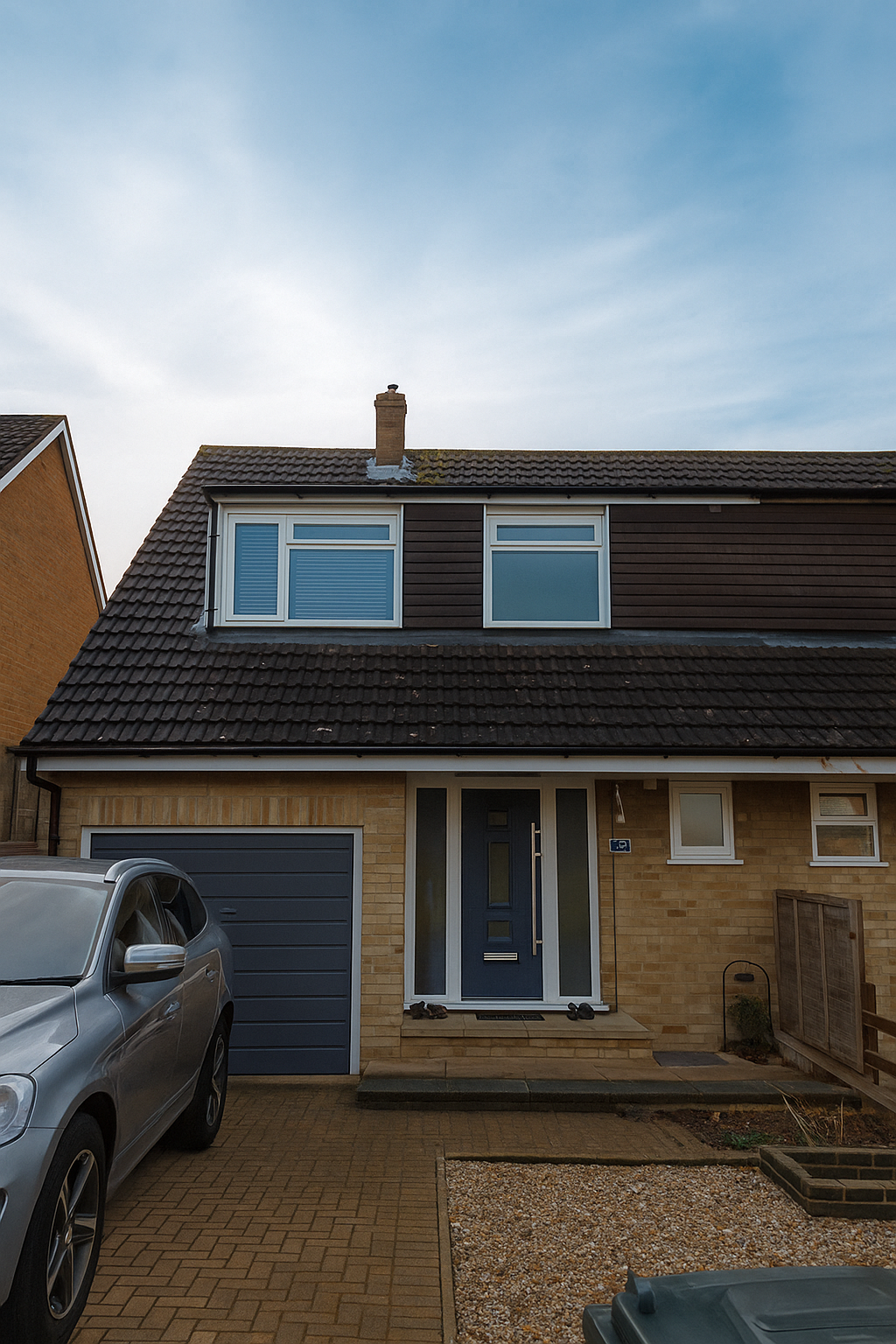 A brick townhouse with a large, gnarled tree and vine growing along the facade, and four windows with white frames and curtains. The house has two chimneys and a set of steps leading to the front door, which has the number 42 on it.