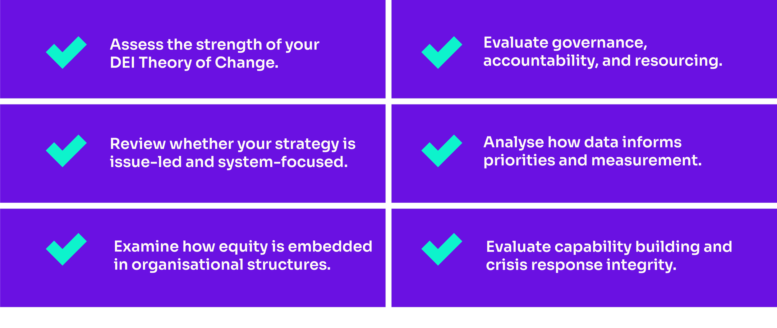 A grid with six quadrants on a purple background, each containing a turquoise checkmark and white text outlining strategic evaluation tasks such as assessing your DEI theory of change, evaluating governance, reviewing strategies, analyzing data, examining equity embedding, and evaluating capability and crisis response.