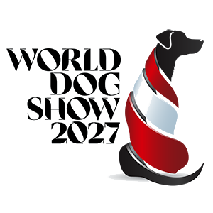 Logo for the 2027 World Dog Show featuring a stylized black and white dog wrapped in a red and silver ribbon.