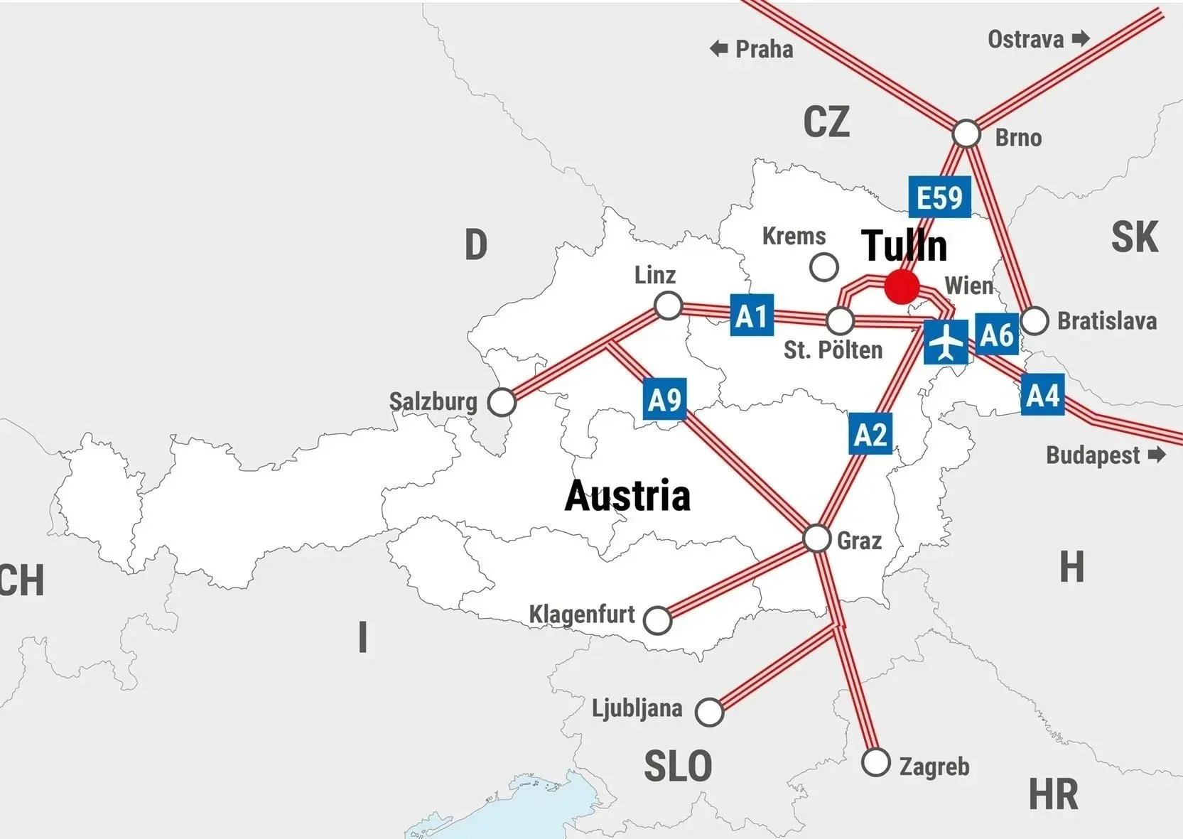 Map of Austria showing major cities and highway routes, with nearby countries and the Czech Republic border. Highlights include Vienna, Graz, Linz, Salzburg, Klagenfurt, and Ljubljana, with roads connecting these cities. An airplane symbol marks the Vienna airport.
