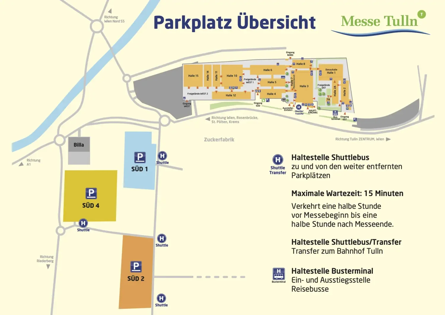 Map of Messe Tulln exhibition center showing parking areas, shuttle bus stops, and hall locations, with annotations for shuttle transfer and bus terminal stops.