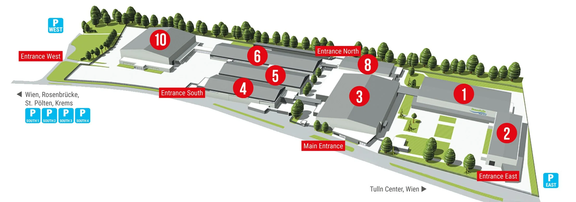 Map of an exhibition center with numbered buildings, entrances labeled West, South, North, East, parking areas for different zones, and directional arrows pointing toward Vienna, St. Pölten, Krems. The center is surrounded by green trees and designer landscapes.