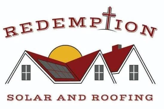 Logo for Redemption Solar and Roofing featuring a house with solar panels and a cross in the background.