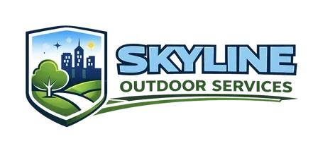 Skyline Outdoor Services logo with a shield emblem featuring a tree, a cityscape, and stars.