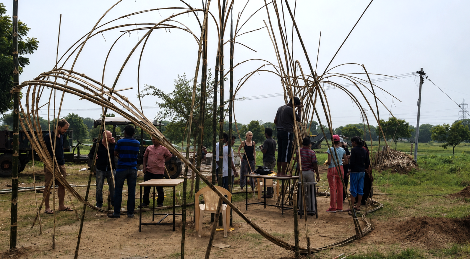 Group of people working together on a bamboo frame structure outdoors
