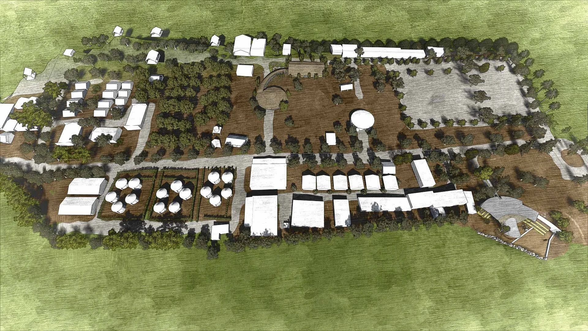 Aerial rendering of a rural farm or event venue with buildings, trees, and open areas, including pathways and circular structures.