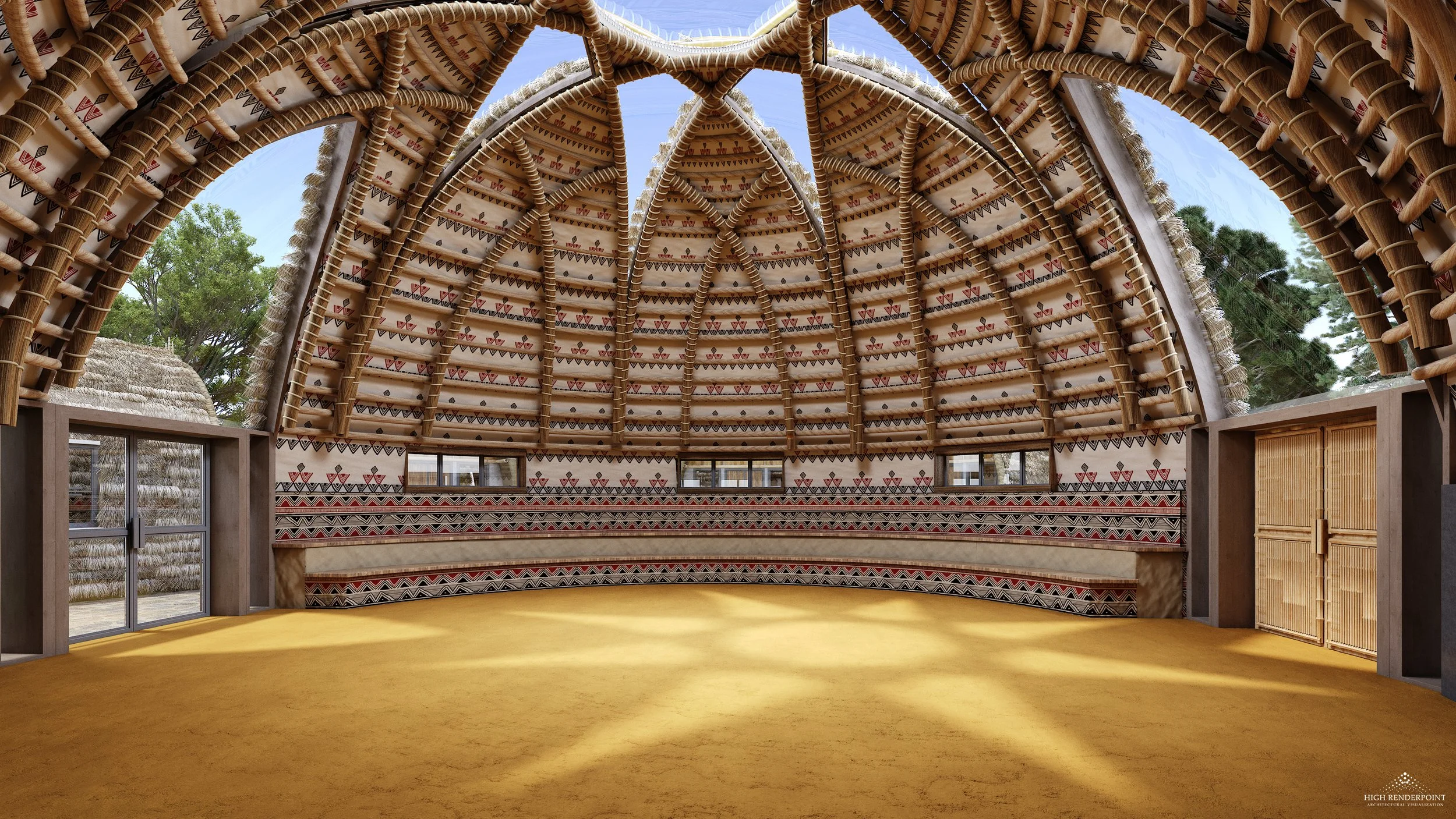 Interior of a building with a high vaulted ceiling made of woven materials and decorated with geometric patterns; the walls feature similar patterns, and the floor is covered with a yellow carpet; there are large windows letting in natural light, and trees are visible outside.