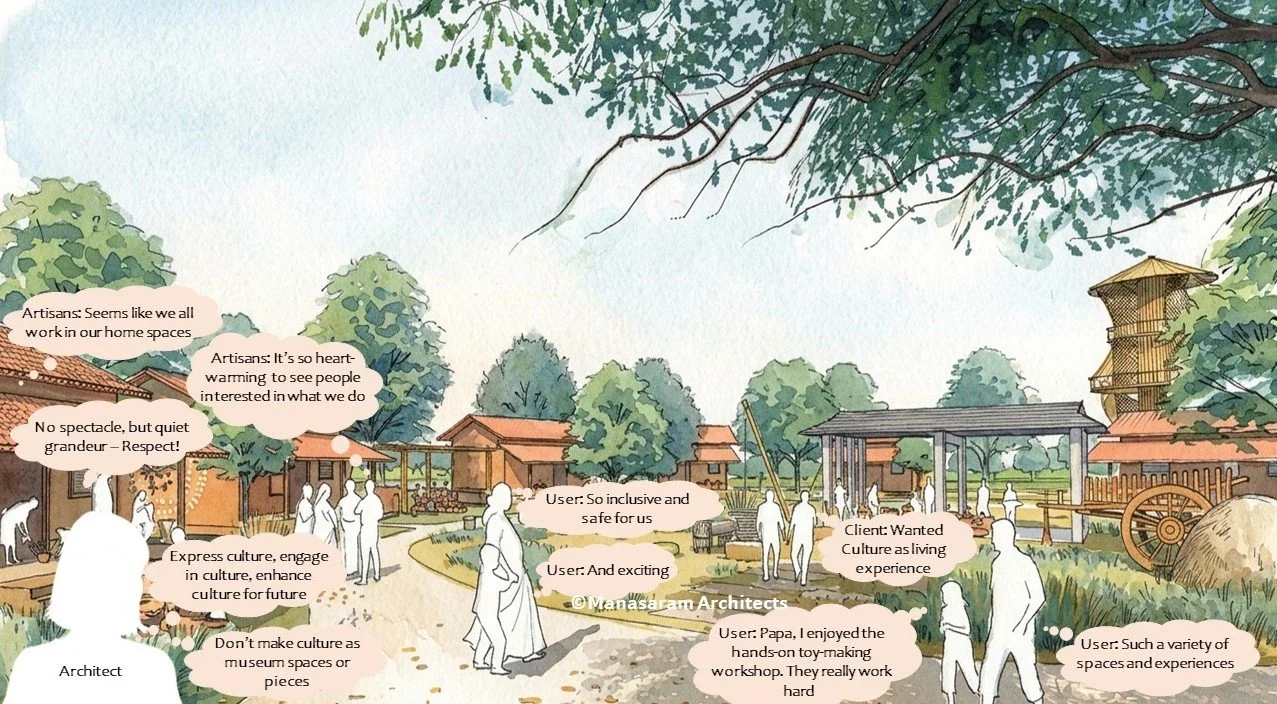 Illustration of a community gathering with trees, small buildings, and people engaging in cultural activities. Speech bubbles mention craftsmanship, respect, culture, and a hands-on workshop. An architect is featured, and the scene includes traditional structures, a water wheel, and nature.