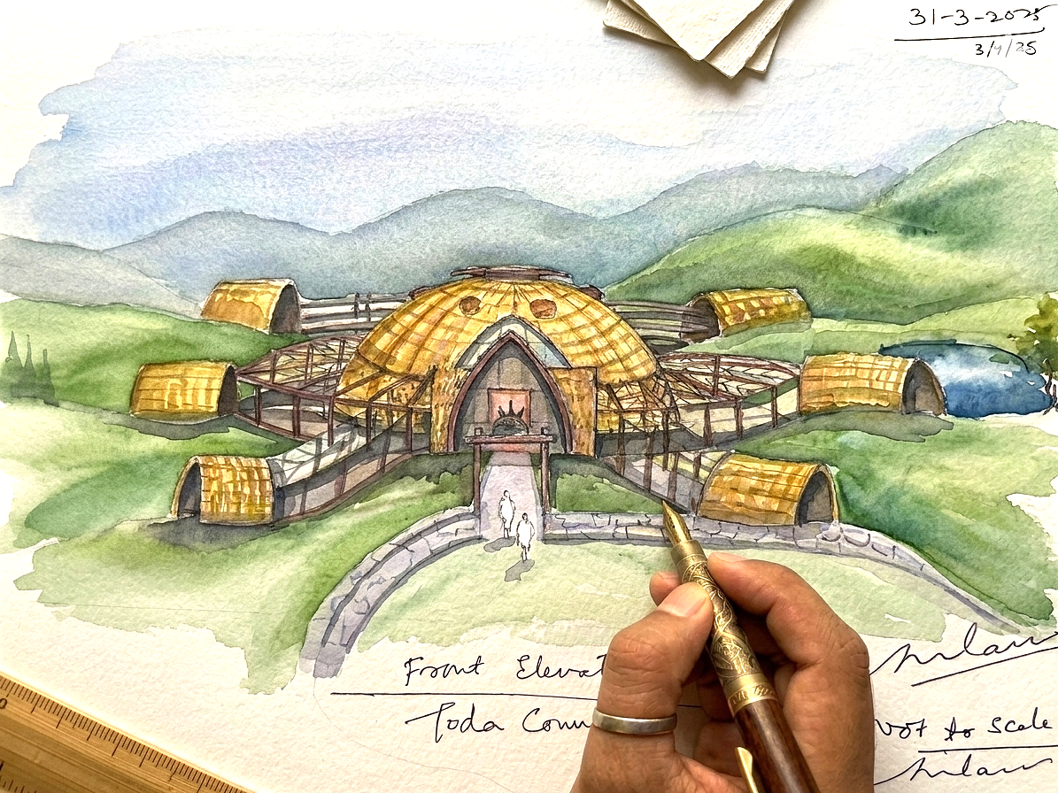 A watercolor architectural drawing of a large building with a dome and multiple small, rounded structures, set in a green mountainous landscape, with a pathway leading to the front entrance.
