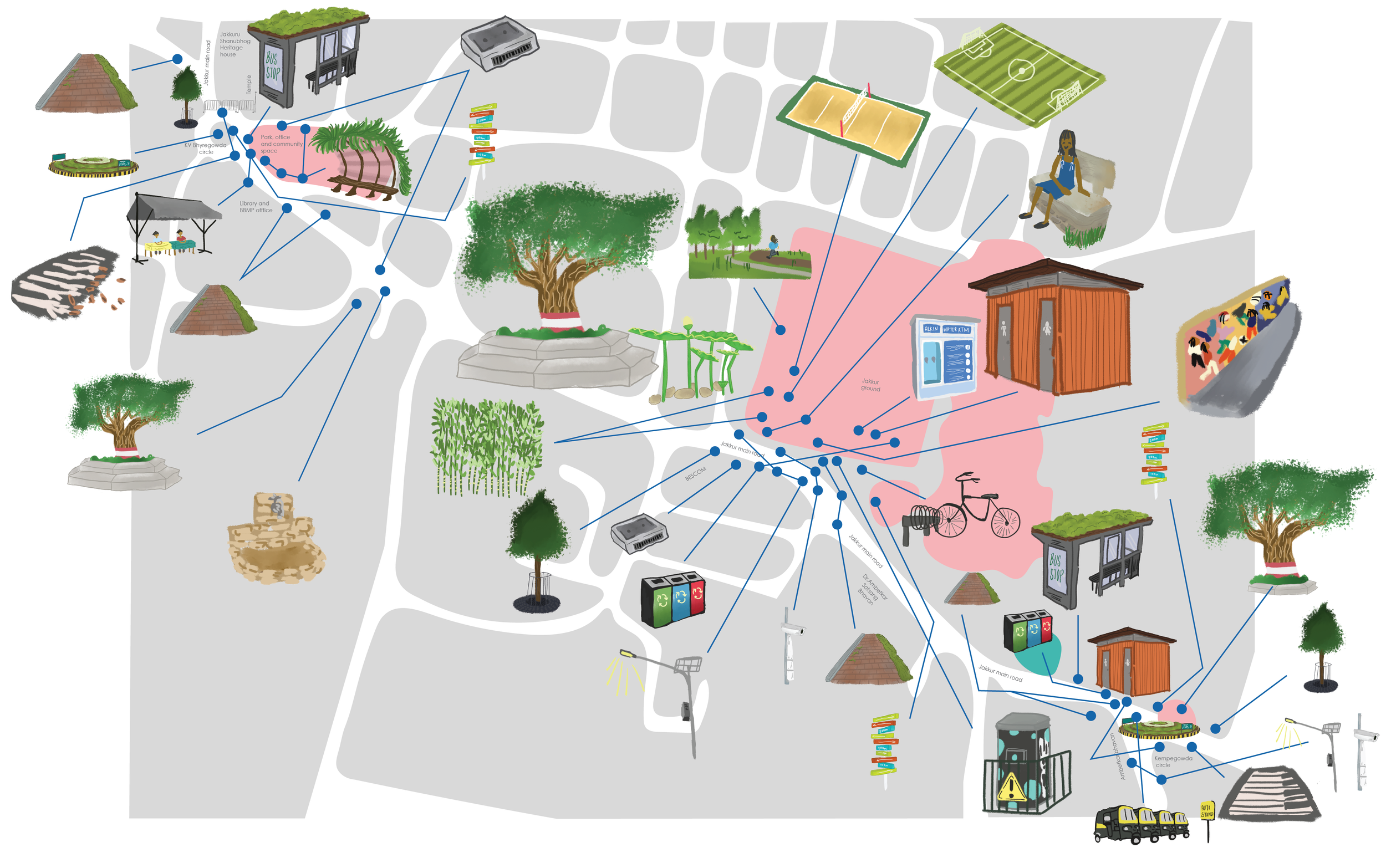 A detailed illustrated map of a park with various landmarks including trees, benches, a library, sports fields, a public restroom, a bicycle parking, a bus stop, a playground, trash bins, and pathways.