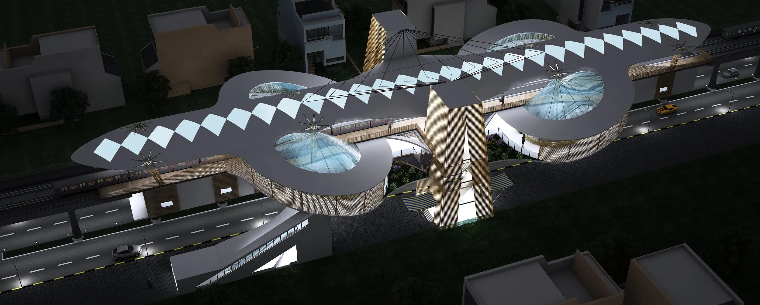 A modern elevated train station at night with a unique, curvilinear roof design featuring illuminated skylights and star-shaped decorative elements. There are two glass-domed waiting areas, a tall wooden tower, and a landscaped area beneath the station.