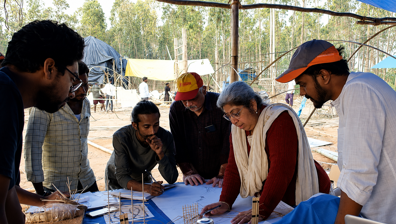 Group of people gathered around an architectural model outdoors, working on a project on a table, with trees and tents in the background.