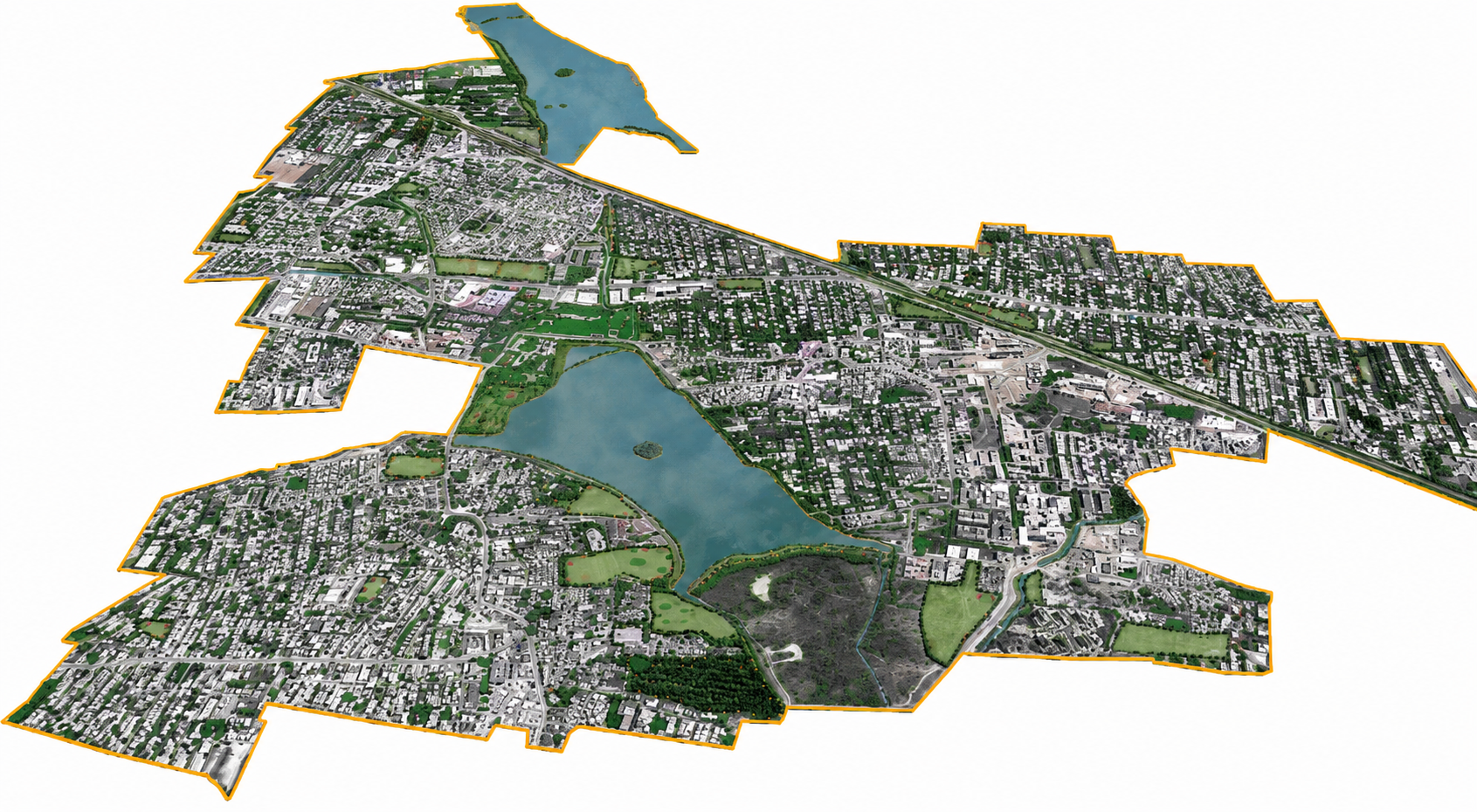 3D map of a city with bodies of water and green parks, outlined in orange.