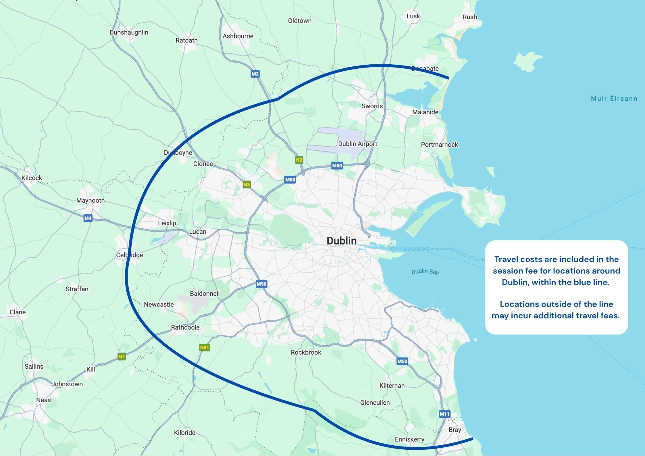Map of Dublin showing locations covered by Aoife Elizabeth Photography